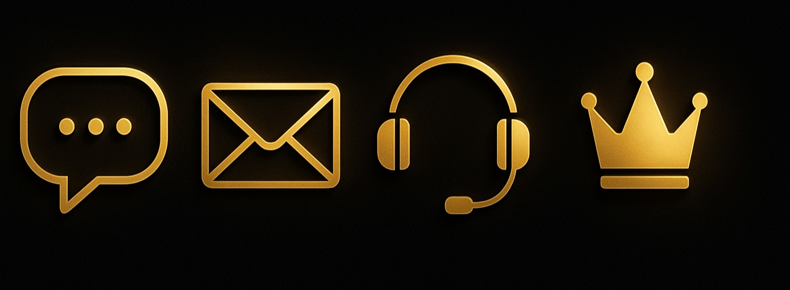 Gold icons on black symbolize chat, email, headset, and crown.