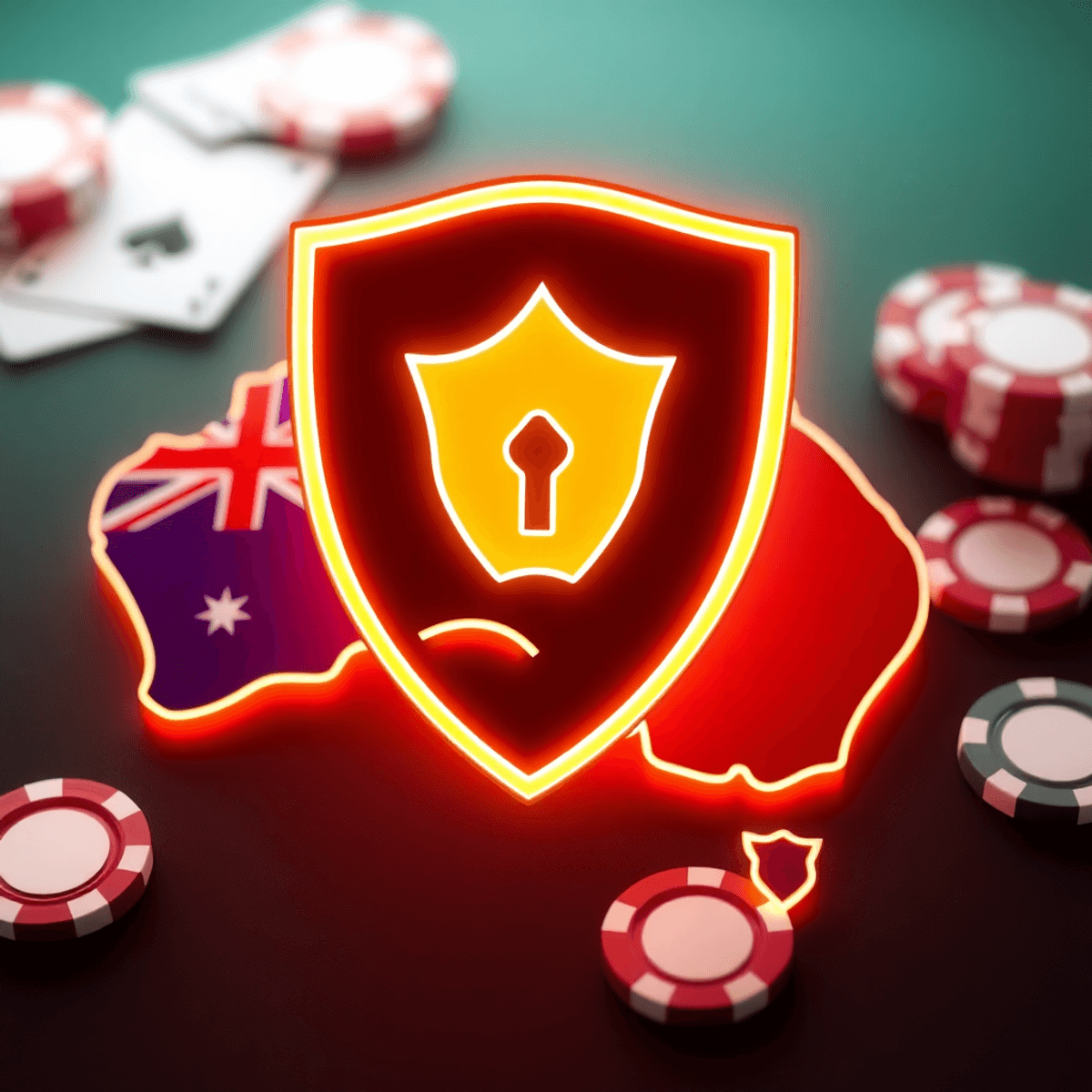 A glowing digital shield icon over a map of Australia with subtle playing cards and poker chips in the background, symbolizing online security and ...