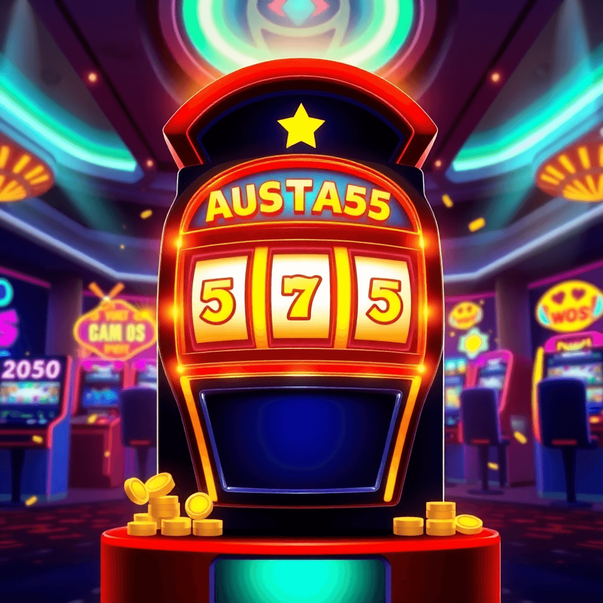 A realistic digital illustration of a modern pokies machine with glowing jackpot numbers in a bright, sleek casino setting.
