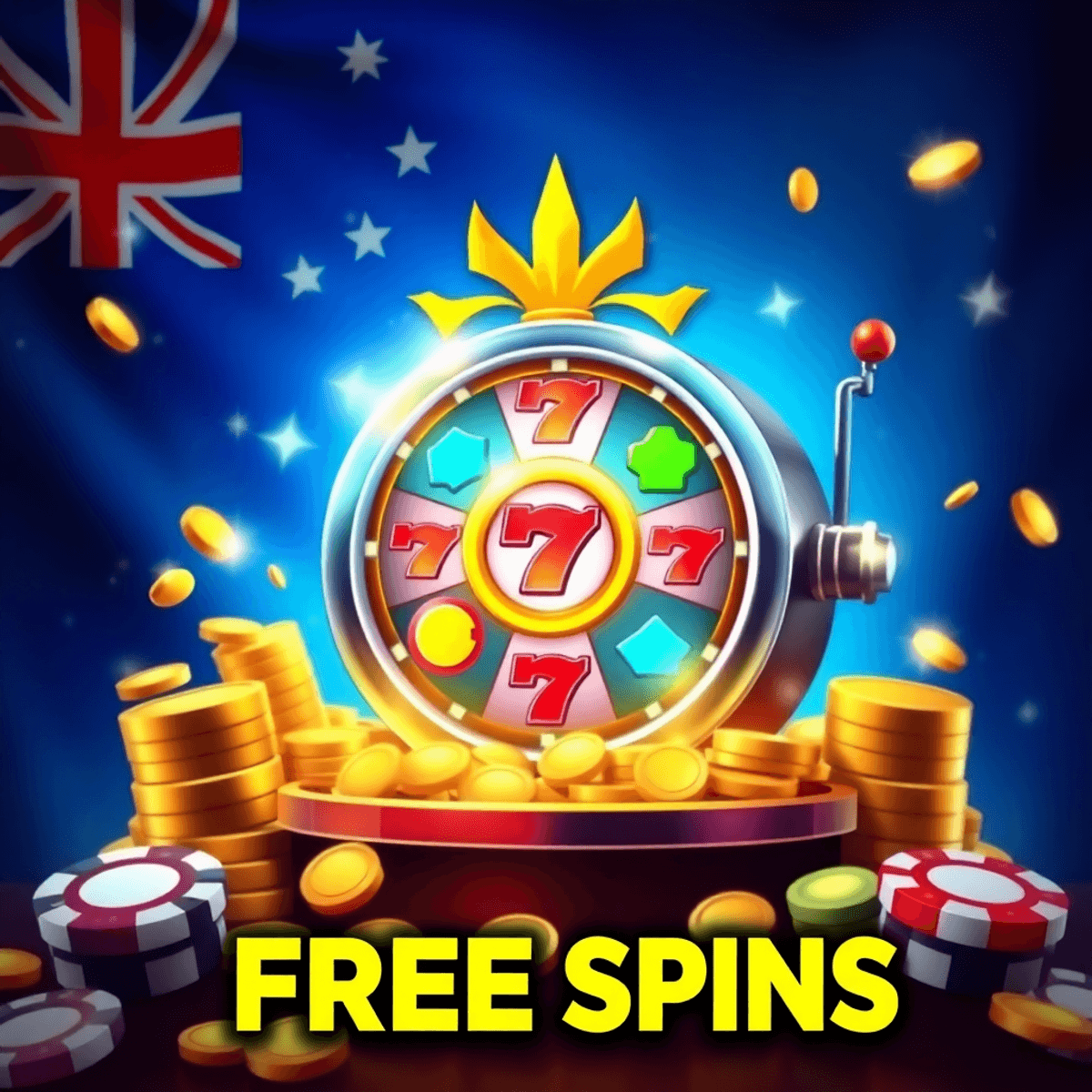 A vibrant digital illustration of a spinning slot reel with glowing symbols, sparkling coins, and chips against an Australian flag-colored backdrop.